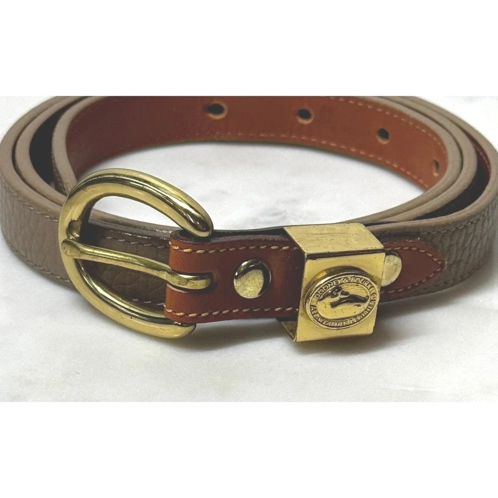 Vintage Dooney Bourke Thin All Weather Leather Belt L Tan Brass Duck Old Money